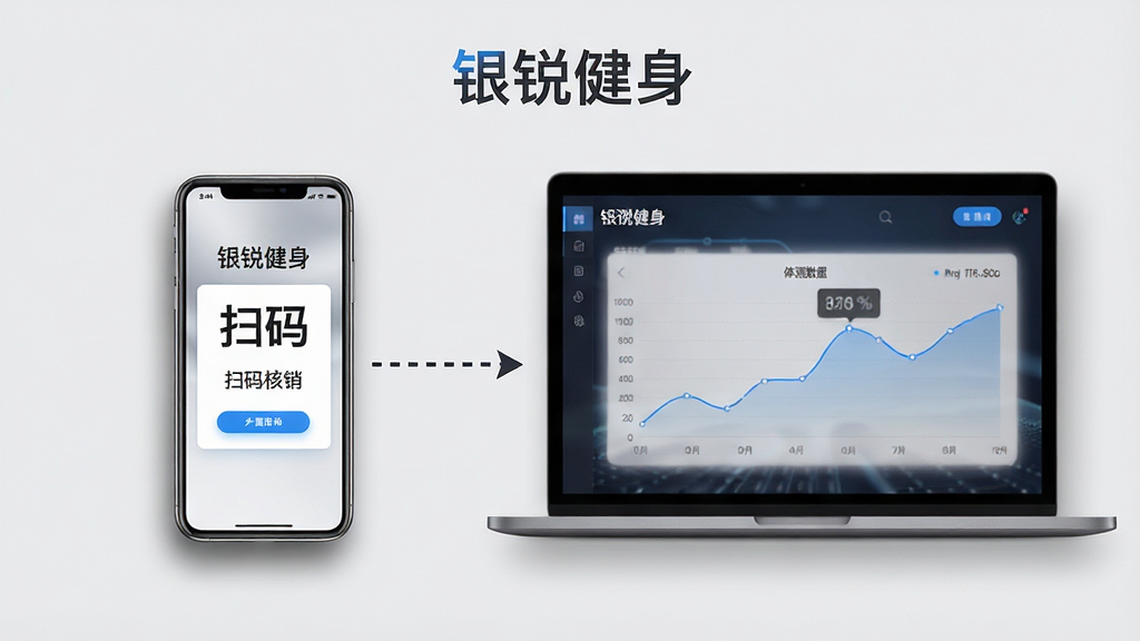 主体为一部手机与一台笔记本电脑并排摆放,手机屏幕显示银锐健身扫码核销界面,电脑屏幕显示体测数据折线图;布局为左手机右电脑,中间用虚线箭头连接表示数据同步;排版简洁居中,顶部放置“银锐健身”文字标识;风格为简约商务风,浅灰背景;细节包含设备阴影、界面高亮;画质高清,画面干净,无多余元素