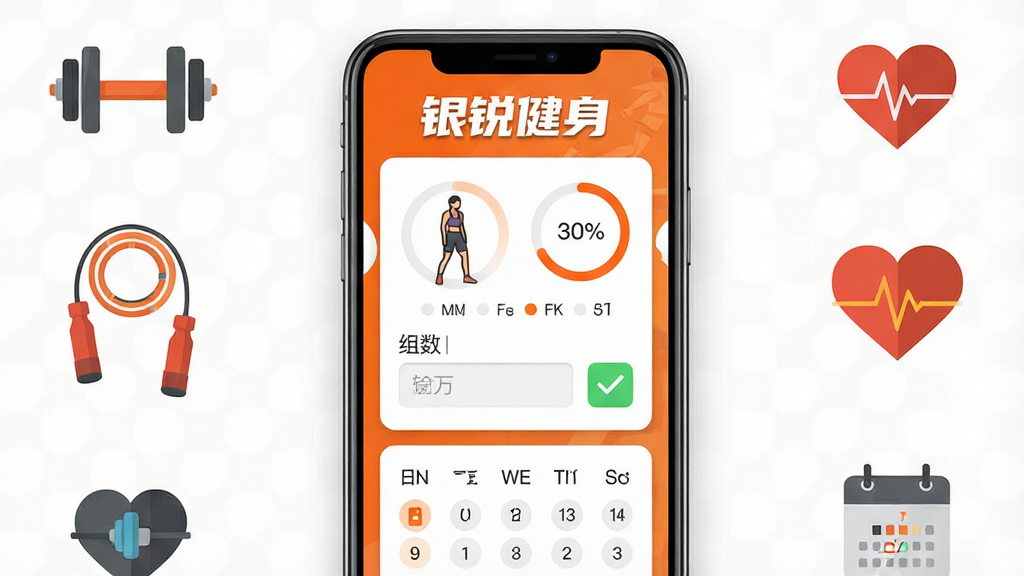 主体为手机屏幕内展示银锐健身训练计划页面,包含动作示意图、组数重量输入框与完成打勾标记;布局为手机居中,周围环绕哑铃、跳绳、心率带等扁平图标;排版为卡片式纵向排列,顶部标题“银锐健身”用加粗字体;风格为运动活力风,配色橙白为主;细节包含进度环、日历标记点;画质高清,画面干净,无多余元素