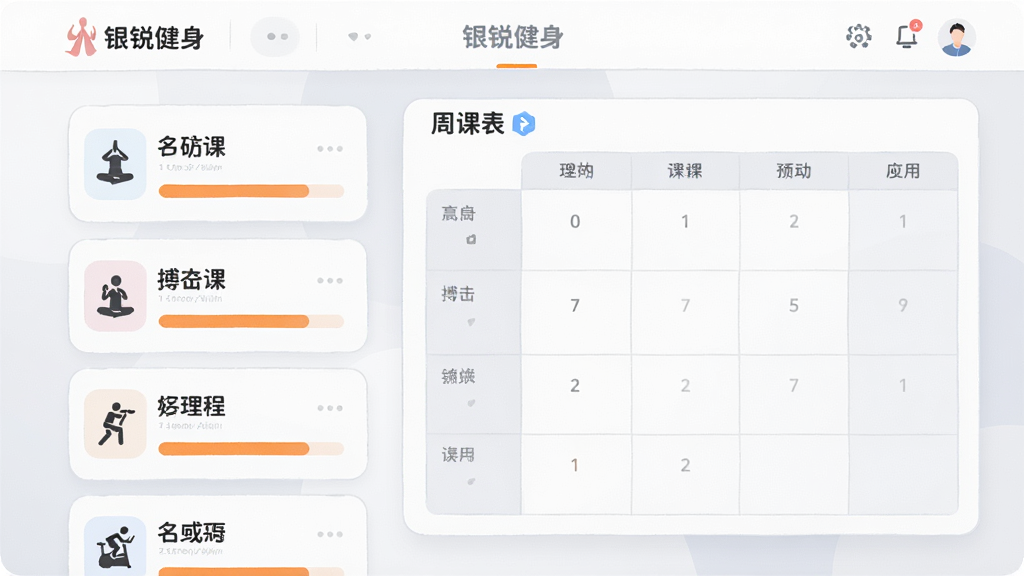 主体为一张横向布局的健身课程预约界面截图风格插画,左侧为门店列表卡片,右侧为周课表网格;排版上课程卡片以圆角矩形排列,标注“银锐健身”字样于顶部导航栏;风格为清新浅色系UI设计风,背景为浅灰渐变;细节包含瑜伽、搏击、动感单车小图标,名额进度条为橙色;画质高清,画面干净,无多余元素