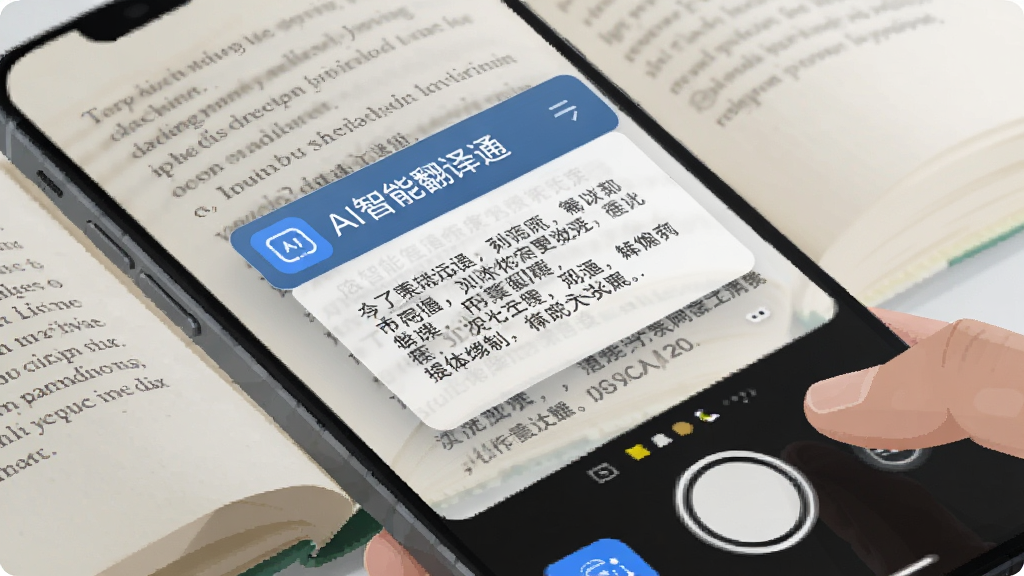 手机镜头对准一本外文书籍,屏幕上浮现实时翻译后的中文文字框,