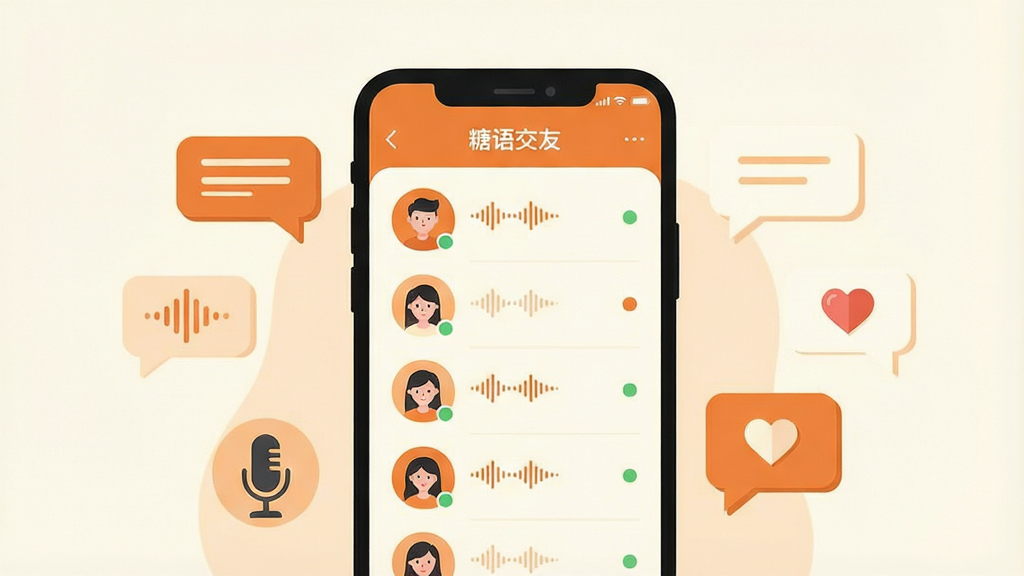 一张展示手机交友软件界面的产品示意图,画面中央是一部竖屏智能手机,屏幕内显示