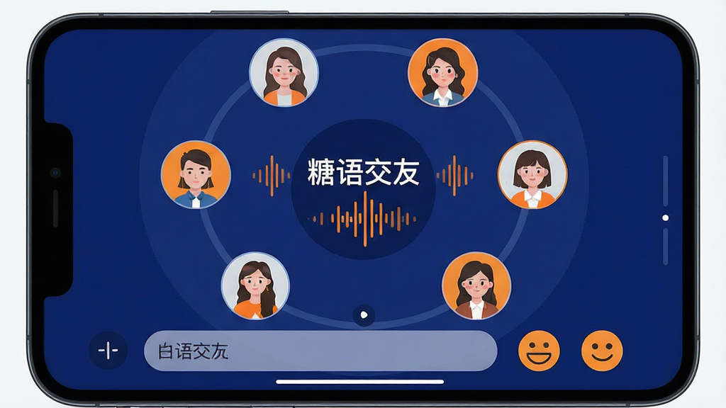 一张多人语音房间的界面示意图,画面为手机横屏显示,屏幕内呈现多个圆形用户头像排列成环形麦位,中央有