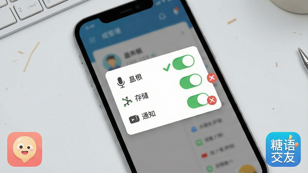 一张手机应用安装与权限设置的示意图,画面展示手机屏幕上的权限管理弹窗,包含麦克风、存储、通知三个开关选项,旁边配有对勾与叉号图标,背景为浅灰色工作台面,风格为扁平化信息图,布局清晰直观,细节简洁,画质干净,画面角落可标注