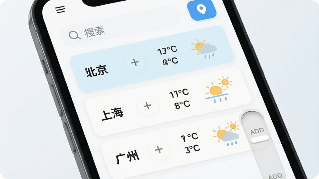 一部手机屏幕显示天气预报网城市管理界面,列表中有北京、上海、广州三个城市卡片,每张卡片左侧为城市名右侧为温度与天气图标,顶部有搜索框和定位按钮,布局为纵向排列,风格为清新浅色卡片式设计,细节包含添加按钮和滑动删除提示,画质清晰,干净无多余元素