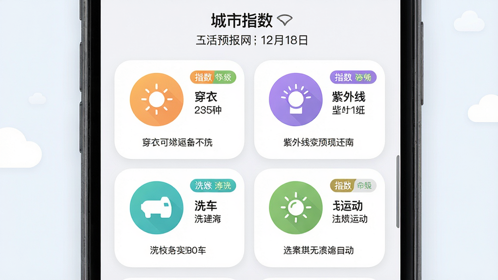 手机屏幕展示天气预报网生活指数页面,包含穿衣、紫外线、洗车、运动四个彩色圆形图标卡片,每张卡片下方有简短文字建议,页面顶部显示当前城市与日期,布局为两行两列网格排列,风格为柔和圆角扁平设计,细节包含指数等级小标签,画质高清,干净无多余元素
