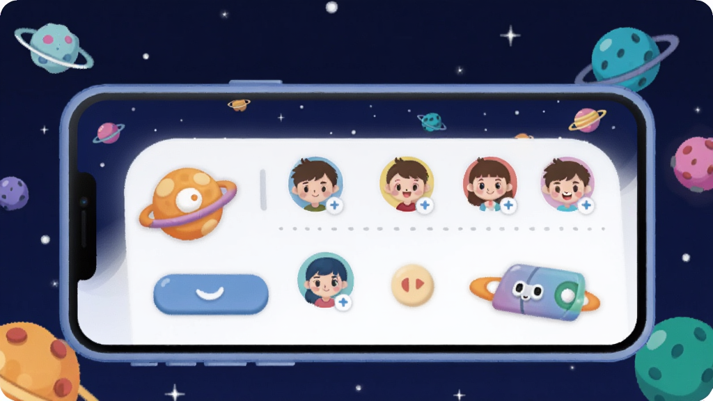 画面中央是一部智能手机,屏幕上显示卡卡星球应用主界面,界面中有星球造型的语音房间图标和卡通头像排列,背景为深蓝色星空与彩色小行星,整体布局简洁明快,风格为扁平化卡通插画,细节包括柔和光晕和圆角按钮,画质清晰干净,无多余元素