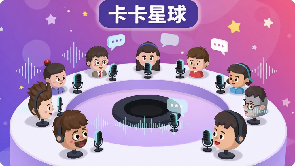 一间虚拟语音聊天室场景,多个卡通头像围绕圆形麦位排列,每个头像旁有麦克风图标和声波纹理,房间顶部标注卡卡星球字样,背景为渐变紫色与粉色,风格为扁平卡通插画,细节包括发光麦克风、聊天气泡和星星点缀,画质清晰干净,无多余元素