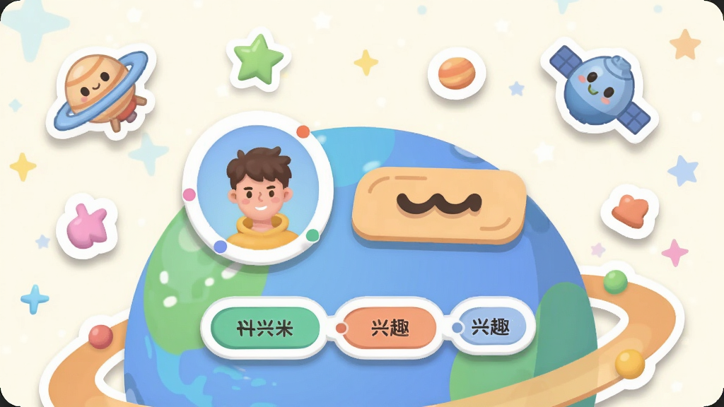 一个卡通风格的虚拟星球主页界面,星球表面有头像框、昵称牌和兴趣标签,周围环绕小卫星和装饰贴纸,背景为浅色星空,风格为清新扁平插画,细节包括圆角卡片、柔和阴影和彩色点缀,画质清晰干净,无多余元素