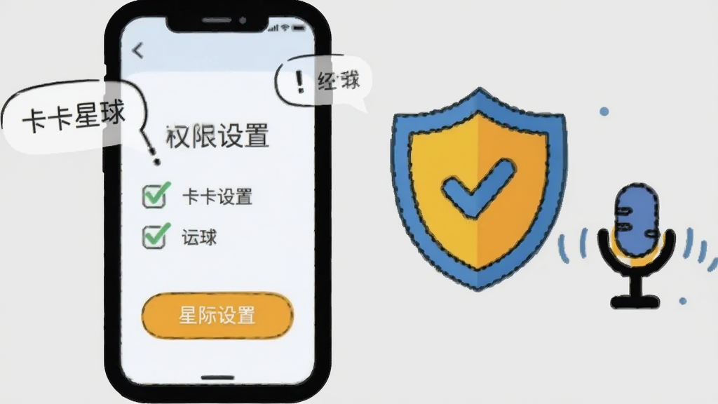 一部手机屏幕显示卡卡星球权限设置界面,旁边有卡通风格的安全盾牌图标和麦克风图标,背景为浅灰色,风格为简约扁平插画,细节包括勾选标记、提示气泡和圆角按钮,画质清晰干净,无多余元素