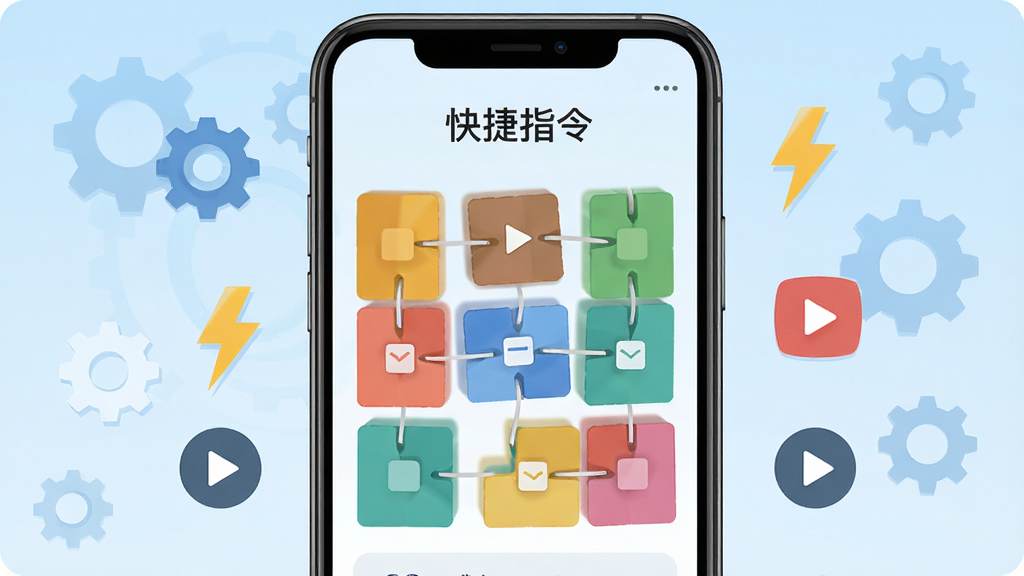 手机屏幕中央展示一个由多个彩色方形模块拼接而成的自动化流程界面,界面标题为“快捷指令”,周围环绕齿轮、闪电、播放按钮等效率符号,背景为浅蓝色渐变,整体采用扁平化UI风格,画面干净整洁,高清画质,无多余装饰元素