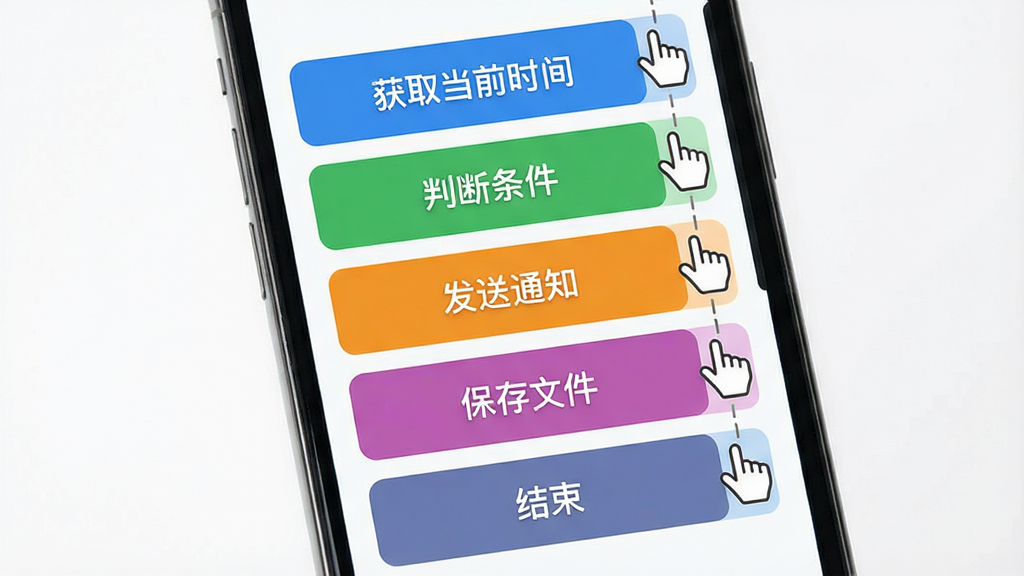 手机界面中展示一条由五张彩色卡片纵向排列组成的自动化流程,卡片上分别写有“获取当前时间”“判断条件”“发送通知”“保存文件”“结束”等字样,右侧有拖拽手柄图标,背景为白色,风格简洁明快,高清画质,画面干净无杂乱元素