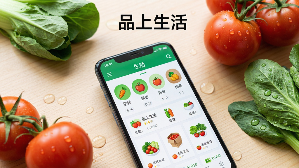 画面主体为一部竖屏安卓手机,屏幕中央显示品上生活应用首页界面,包含生鲜蔬菜分类图标与商品列表;手机放置在浅木色桌面上,旁边散落几颗新鲜番茄和一把青菜;布局采用居中构图,手机略微倾斜;排版简洁,上方留白放置软件名称文字;风格为清新写实生活摄影风;细节包括手机边框高光、蔬菜水珠质感、界面图标清晰可辨;画质清晰,干净,无多余元素