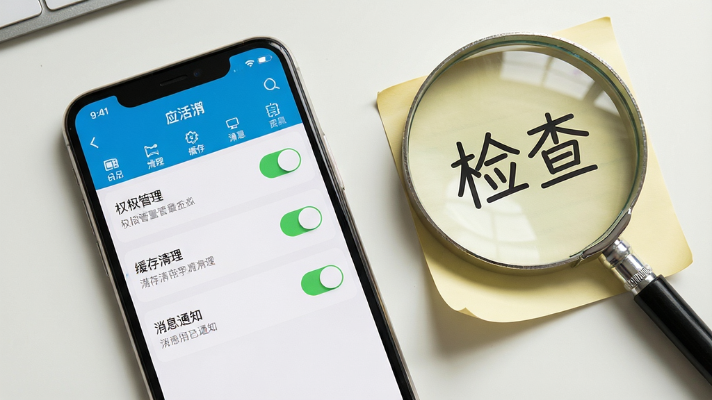 画面主体为一部手机屏幕显示品上生活应用设置页面,包含权限管理、缓存清理和消息通知开关选项;手机旁边放置一个放大镜和一张写有“检查”字样的便签纸;布局为桌面俯拍,手机与道具呈三角构图;排版整洁,屏幕内容清晰;风格为实用教程配图风;细节包括便签纸边缘微卷、放大镜金属边框反光、界面开关按钮可见;画质干净,无多余元素