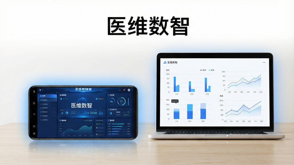 画面主体为一台横向摆放的安卓手机与一台笔记本电脑并排置于浅色木质桌面,手机屏幕显示“医维数智”蓝色调数据仪表盘界面,笔记本屏幕同步展示柱状图与折线图,布局为居中对称构图,排版上方留白放置软件名称文字,风格为现代简约科技商务风,细节包含柔和的蓝色光晕、干净的图标元素、清晰的图表线条,画质高清,画面干净,无多余元素