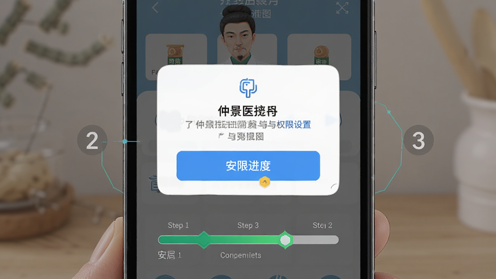 仲景医生应用安装与权限设置引导示意图,画面为手机屏幕展示权限授予弹窗与安装进度条,主体为手机界面特写,布局居中,风格为扁平化科技教学图,细节包含清晰的按钮高亮与步骤编号,画质高清,干净,无多余元素
