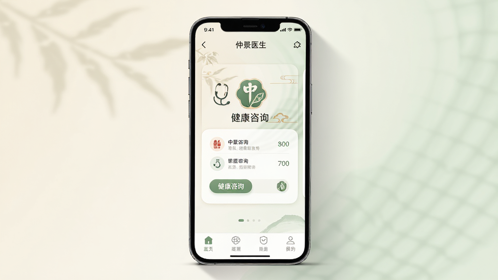 手机屏幕中展示仲景医生应用首页界面,画面中央为中医风格的健康咨询卡片布局,背景为淡雅的米色与浅绿色调,主体为一部竖屏智能手机,布局居中对称,排版简洁清晰,风格为现代医疗类APP宣传图,细节包含中医元素图标与柔和光影,画质高清,干净,无多余元素