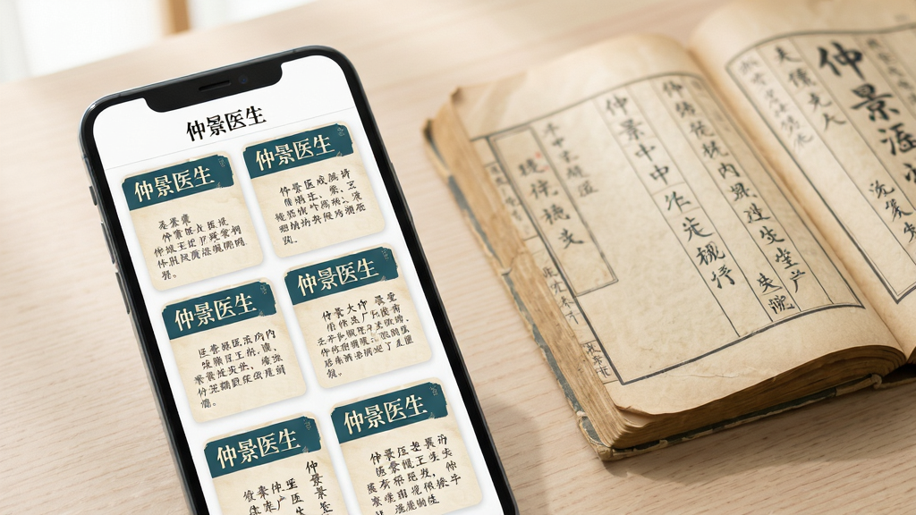 仲景医生应用内中医知识学习页面,画面展示手机屏幕中排列整齐的中医经典文章卡片,卡片上有“仲景医生”字样标识,背景为浅木色书桌与一本打开的中医古籍,主体为手机与古籍的组合,布局左文右图,风格为文化感与科技感融合的宣传图,细节包含柔和自然光与清晰文字排版,画质高清,干净,无多余元素