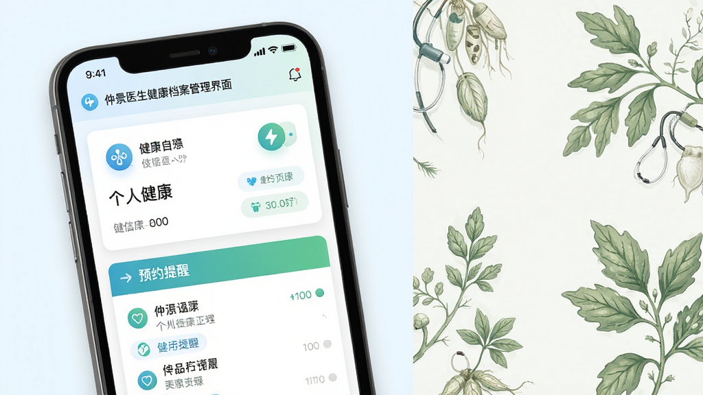 仲景医生健康档案管理界面展示,手机屏幕中显示个人健康信息卡片与预约提醒列表,画面采用分屏构图,左侧为手机界面特写,右侧为简洁的中医草本图案装饰,风格为清新医疗风,细节包含蓝色与绿色点缀的图标元素,画质高清,干净,无多余元素