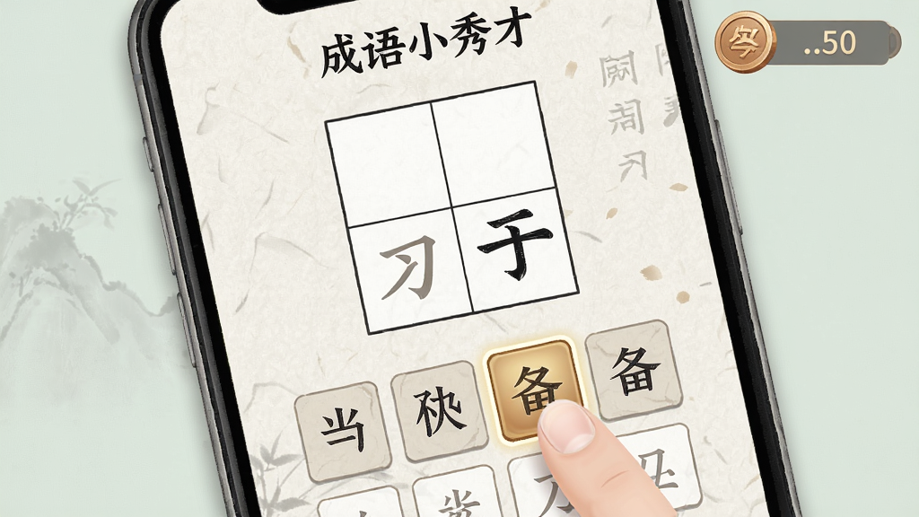 一张展示“成语小秀才”填词闯关界面的示意图,画面为竖屏手机屏幕特写,田字格中缺两个字,下方有八个备选汉字方块,其中一个方块被手指点击高亮,背景为淡雅宣纸纹理,右上角显示铜钱数量,整体风格清新简洁,画质清晰干净