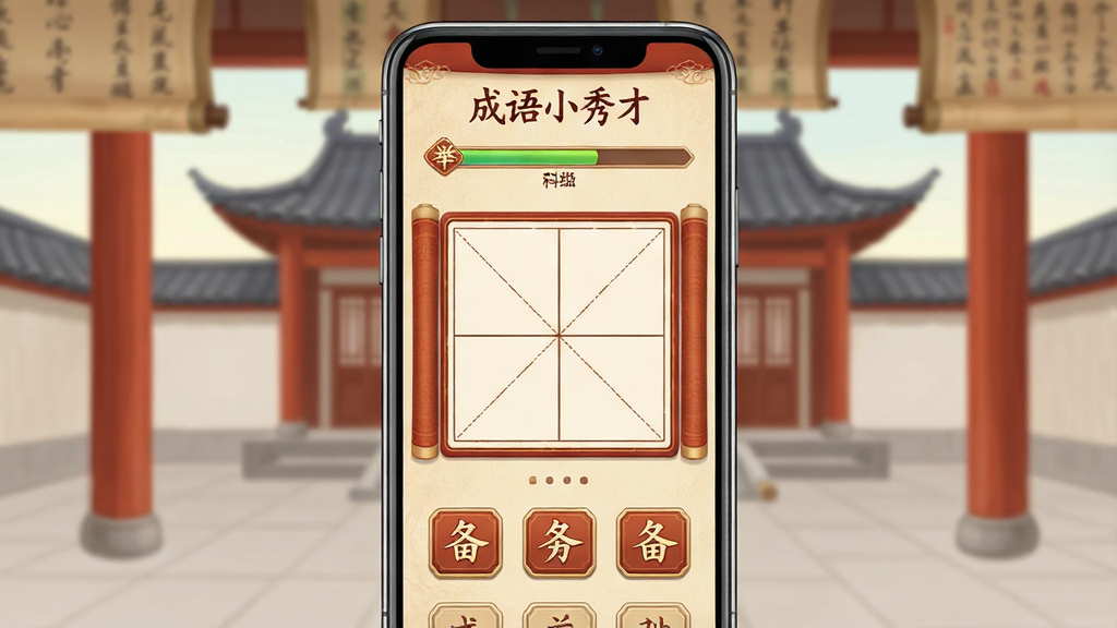 一张以古风书院为背景的手机游戏界面展示图,画面中央放置一部竖屏手机,屏幕内显示“成语小秀才”游戏主界面,上方有科举等级进度条,中间是田字格填字区域,下方排列备选汉字按钮,整体色调为米黄与朱红搭配,书卷气息浓厚,画面干净整洁,无多余装饰元素,高清画质