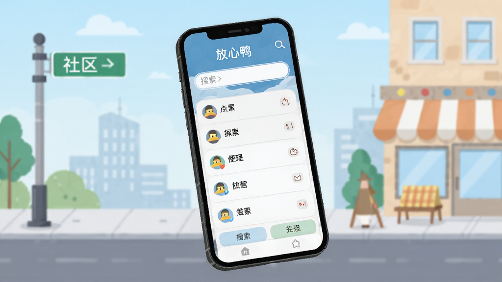 画面展示“放心鸭”本地便民查询界面,手机屏幕上呈现分类列表与搜索框,背景为社区街道简化场景,有路牌与店铺轮廓,布局为手机斜放居中,风格为扁平化城市插画,细节简洁明快,画质清晰,画面干净无多余装饰