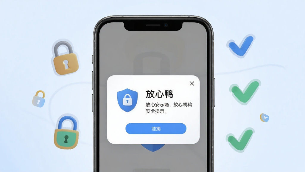 画面中央一部手机显示“放心鸭”安全提示弹窗界面,弹窗内有盾牌图标与简洁文字说明,手机周围有锁形与对勾图形元素点缀,背景为浅蓝色渐变,布局对称居中,风格为现代安全主题插画,细节干净清晰,画质高清,无多余元素