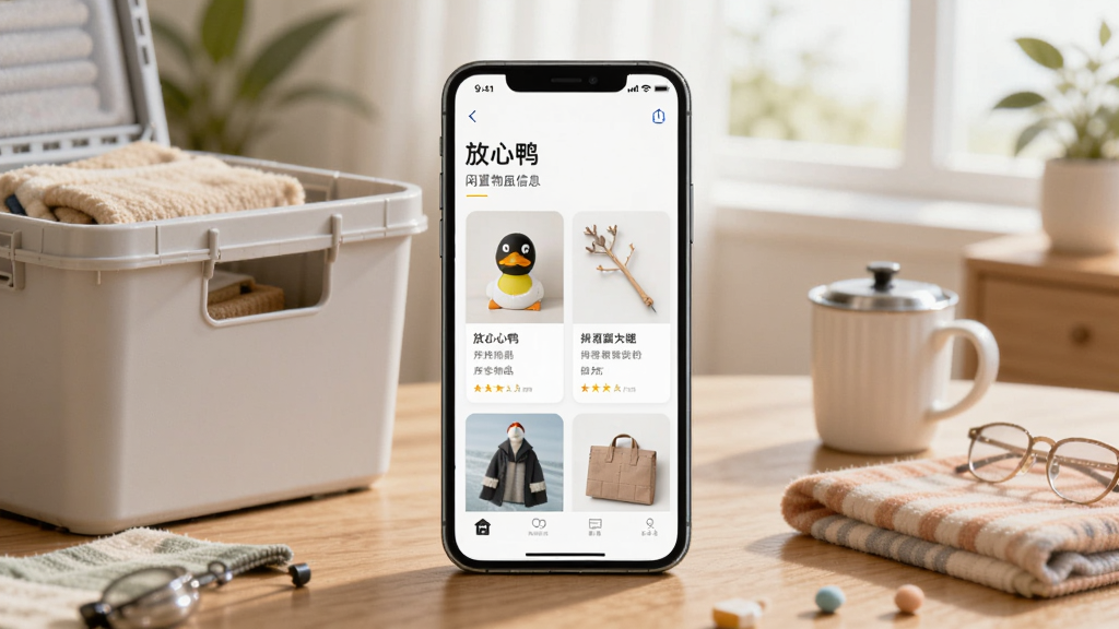 画面中一部手机显示“放心鸭”闲置物品信息页面,页面内有物品图片与简要描述卡片,手机旁放置一个整理箱和几件日常用品,背景为明亮室内环境,排版为手机居中、物品环绕,风格为写实插画,细节丰富但整洁,画质高清,无多余元素