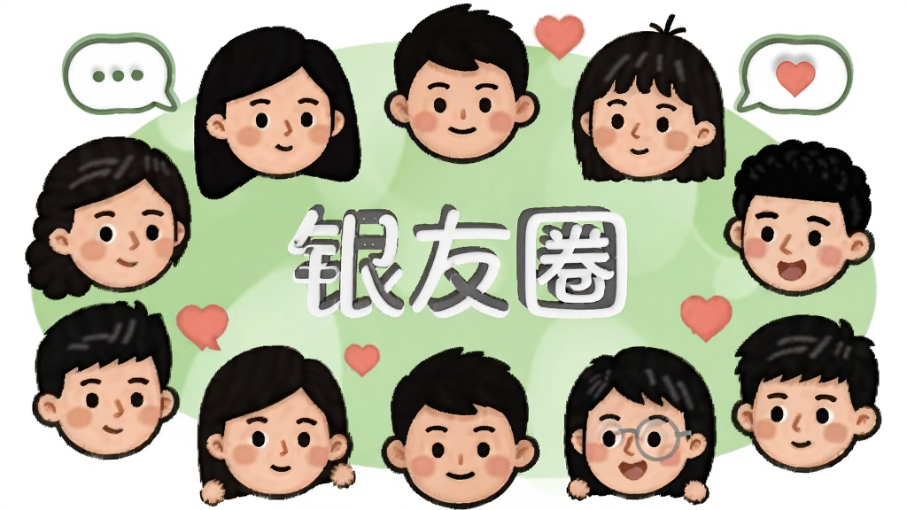 一个由多位卡通人物头像围成圆圈的社区场景,圆圈中央是