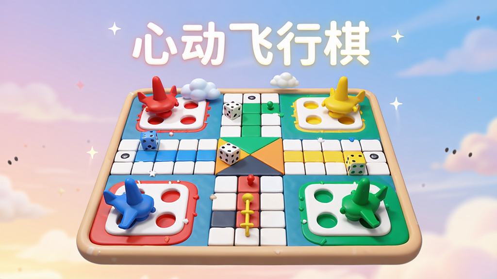画面中央放置一个立体飞行棋棋盘,棋盘四角分别有红蓝黄绿四色飞机棋子,棋盘上方悬浮着“心动飞行棋”五个发光文字,背景是柔和的渐变天空色,布局简洁居中,风格为清新卡通3D渲染,细节包括骰子、航线格子和云朵装饰,画质高清干净无多余元素