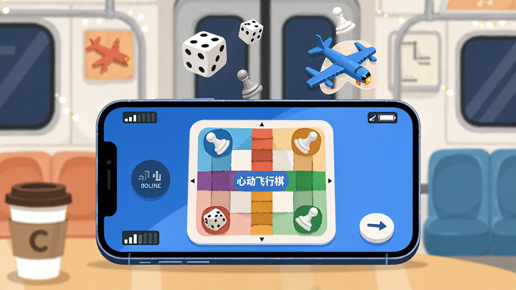 画面中一部手机横屏显示“心动飞行棋”游戏界面,屏幕外有地铁车厢和咖啡杯元素,手机上方漂浮着骰子和飞机棋子图标,布局为手机特写居中,风格为现代扁平插画,细节包括信号格显示离线状态和休闲氛围装饰,画质高清干净无多余元素
