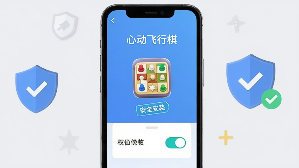 画面展示一部手机屏幕显示“心动飞行棋”安装完成界面,旁边有盾牌图标和勾选标记,背景为浅灰色,布局为手机居中加图标环绕,风格为简洁安全提示插画,细节包括“安全安装”文字标签和权限开关示意,画质高清干净无多余元素