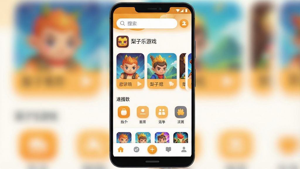 一张手机应用界面展示图,画面主体是一部竖屏安卓手机,屏幕中显示“梨子乐游戏”应用首页,顶部为搜索框和软件名称“梨子乐游戏”,中部为横向排列的游戏推荐卡片与分类图标,底部为导航栏,整体采用清爽的浅色背景搭配橙黄色点缀,布局规整、层次分明,风格为扁平化UI设计,细节上突出卡片圆角与图标质感,画质清晰干净,无多余元素