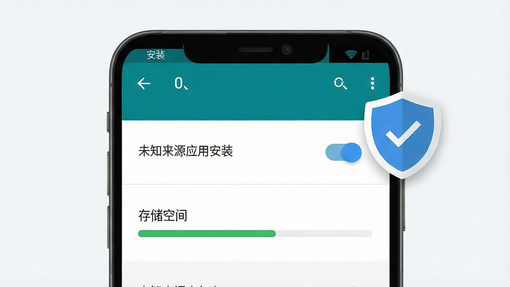 一张表现手机应用安装设置界面的示意图,画面主体为手机屏幕,屏幕中显示安卓系统的权限设置页面,页面内有“未知来源应用安装”开关与存储空间使用条,旁边悬浮一个盾牌形状的安全图标,背景为浅灰白色,布局为上下结构,风格为简洁的系统界面展示,细节上突出开关按钮与进度条,画质清晰干净,无多余元素