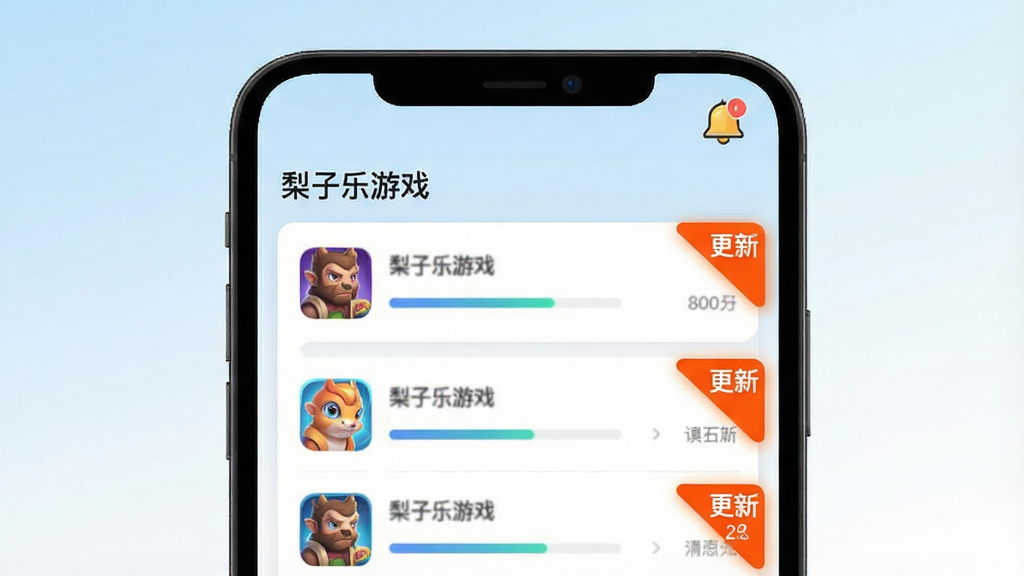 一张表现手机游戏更新提醒功能的示意图,画面主体为手机屏幕特写,屏幕中显示“梨子乐游戏”更新列表页面,若干游戏条目右侧带有醒目的更新提示角标,顶部有铃铛形状的通知图标,背景为柔和的浅蓝到白色渐变,布局为纵向列表结构,风格为简洁的移动端界面展示,细节上突出角标与进度条元素,画质清晰干净,无多余元素