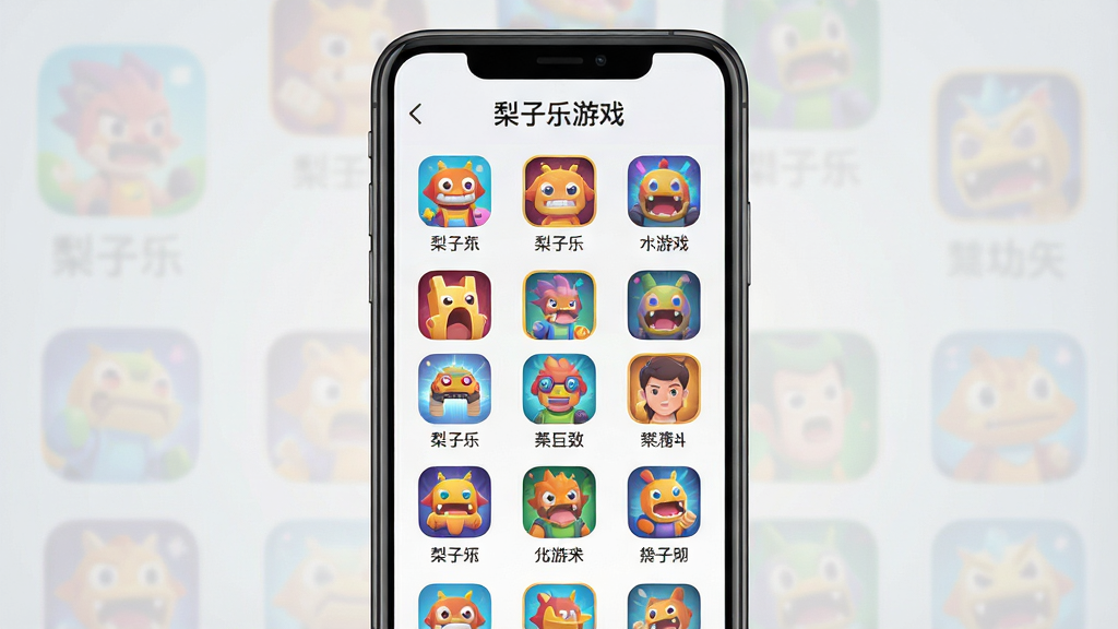 一张展示游戏分类聚合概念的图片,画面主体为一部手机屏幕,屏幕内呈现“梨子乐游戏”分类页面,多个彩色游戏图标按网格状整齐排列,图标下方配有简短分类文字,背景为浅灰色渐变,整体布局对称均衡,风格为现代扁平化插画,细节上强调图标色彩丰富与网格对齐,画质清晰干净,无多余元素