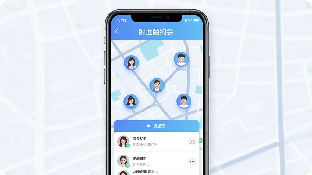 手机屏幕中展示同城地图界面,地图上有多个用户头像光点分布,屏幕上方显示