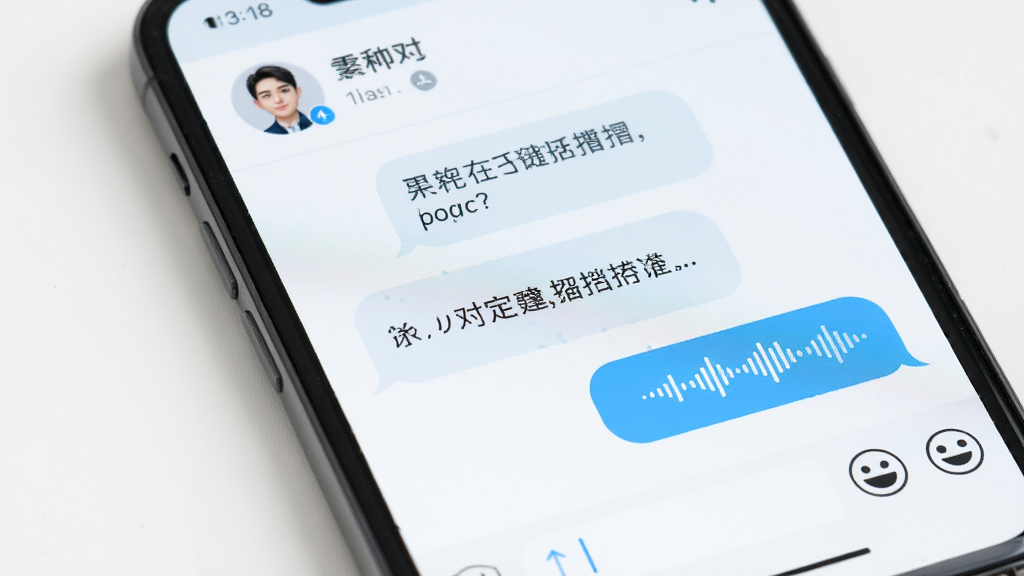 手机聊天界面特写,屏幕中显示两三个对话气泡,包含文字消息与语音条,顶部显示对方头像与昵称,底部为输入框和表情按钮,界面风格简洁清新,白色背景配浅蓝点缀,高清画质,无多余装饰元素