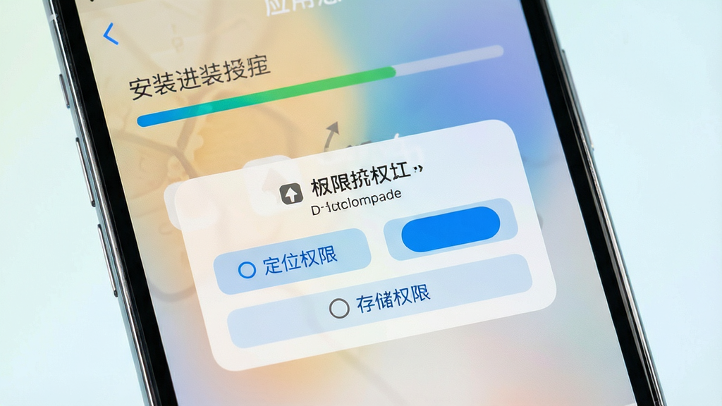手机屏幕显示应用安装进度条与权限授权弹窗,界面包含