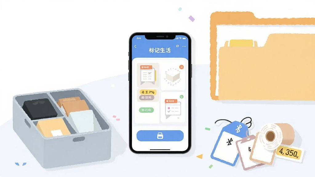 画面中央放置一部智能手机,手机屏幕显示“标记生活”应用界面,界面中有标签编辑模板与打印按钮,手机周围环绕收纳盒、文件文件夹、商品价签等物品,布局为居中构图,左上方留白,风格为清新扁平化插画,细节包括蓝牙打印机图标与标签纸卷,画质清晰,干净,无多余元素