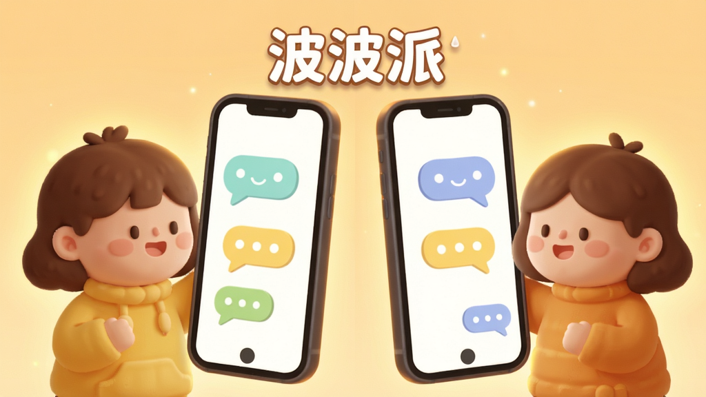 主体为两个卡通人物隔着手机屏幕轻松聊天,屏幕上方漂浮“波波派”文字标识,布局为左右分屏构图,排版居中对称,风格为温暖治愈系插画,细节包含柔和光晕、对话气泡、圆润线条,画质高清、干净、无多余元素