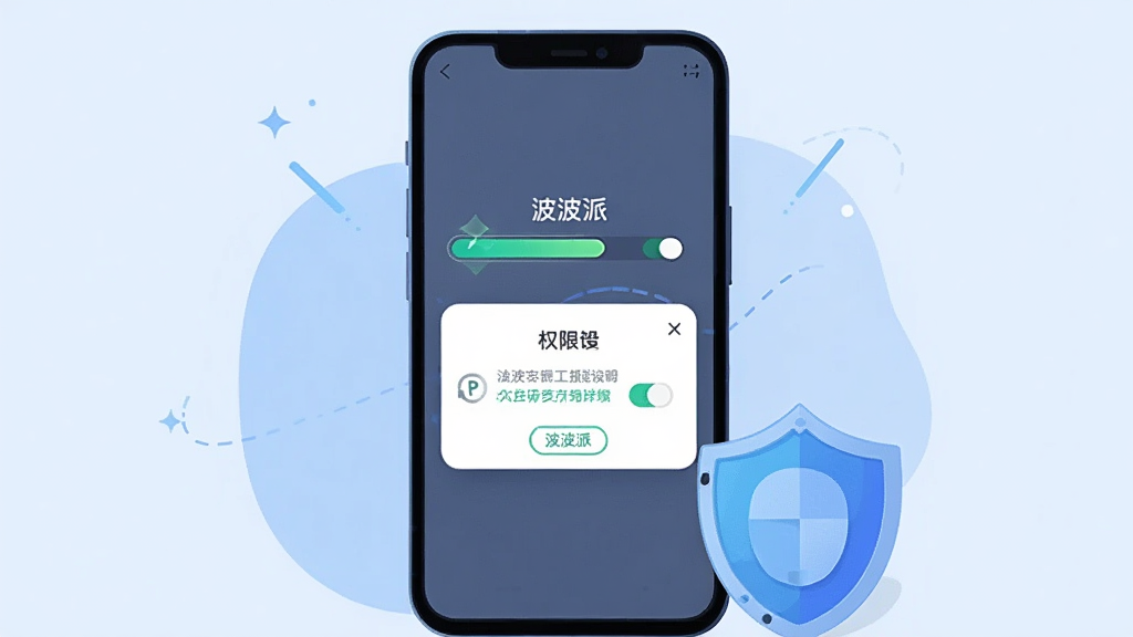 主体为一部手机屏幕显示“波波派”安装进度条与权限设置弹窗,旁边放置一个盾牌图标,布局为手机居中、盾牌在右下方,排版清晰,风格为科技感扁平插画,细节包含进度条高光、权限开关图标、柔和蓝色背景,画质高清、干净、无多余元素