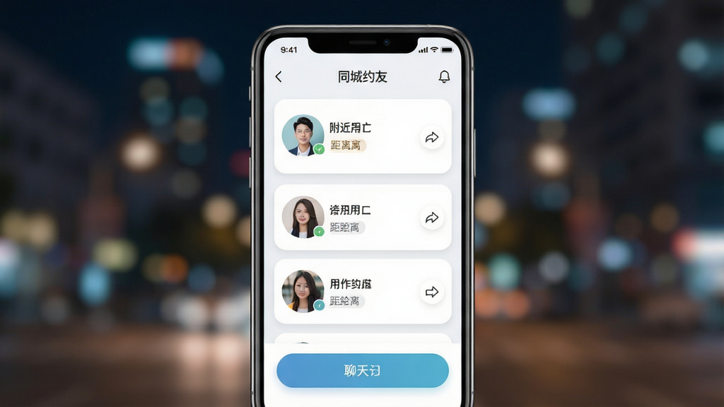 一张展示同城约友软件界面的手机屏幕效果图,画面中央是一部竖屏智能手机,屏幕上显示同城约友应用的主页界面,包含附近用户头像列表、距离标签和聊天入口按钮,背景为柔和的城市夜景虚化效果,整体布局简洁居中,风格现代清新,细节上突出界面卡片圆角与头像圆形裁切,画质清晰干净,无多余元素