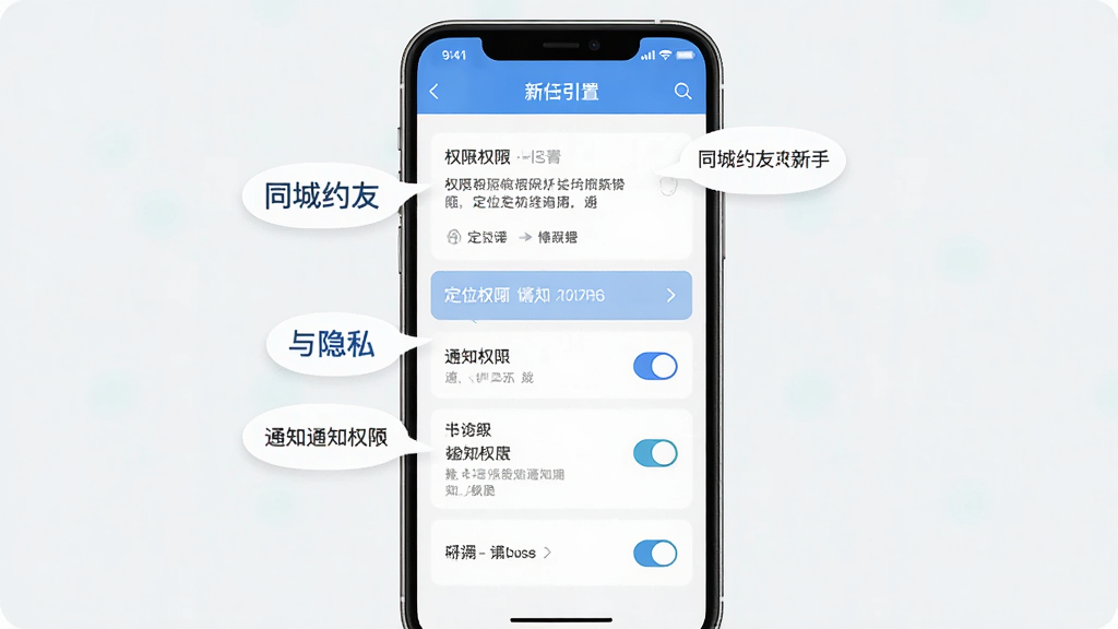 一张展示同城约友新手设置引导的手机界面图,画面为手机屏幕上的权限设置与隐私开关页面,布局为纵向列表并带有说明文字气泡,风格简洁明快,细节上突出定位权限与通知权限选项,画质清晰干净,无多余元素