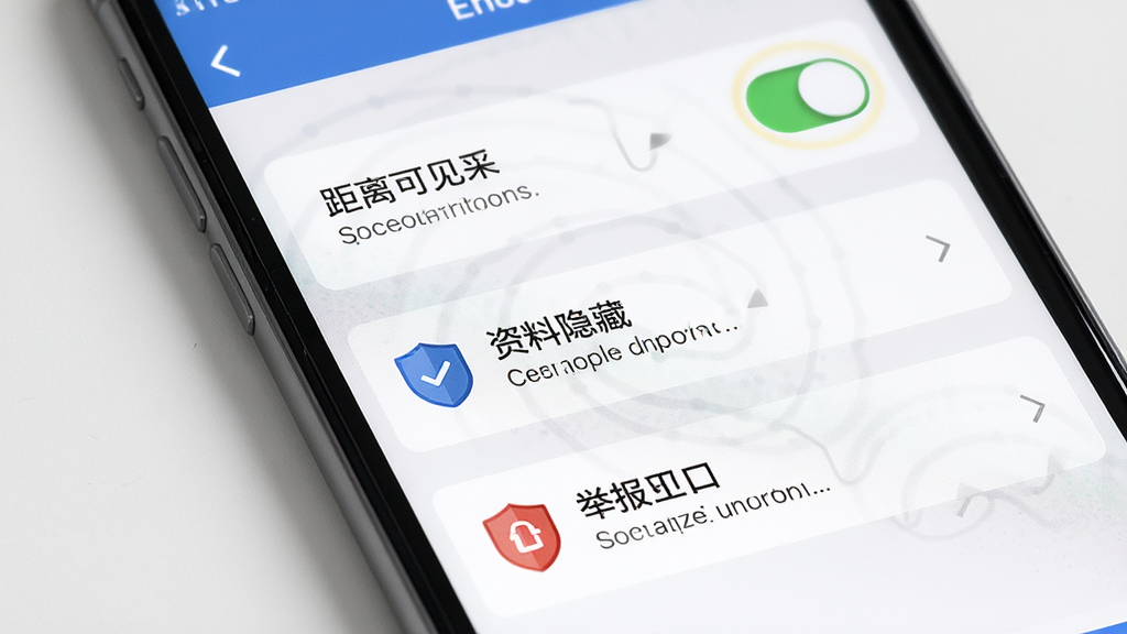 一张表现同城约友隐私安全设置的示意图,画面为手机屏幕上的设置页面,包含距离可见开关、资料隐藏选项与举报入口,布局为纵向选项列表,风格简洁商务,细节上突出开关按钮与盾牌安全图标,画质清晰干净,无多余元素