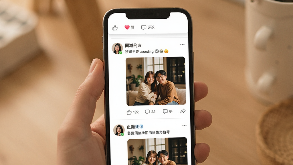 一张表现同城约友动态广场功能的生图,画面主体为手机屏幕上的图文动态信息流,每条动态包含头像、配图与简短文字,布局为纵向列表滚动样式,风格温暖生活化,细节上体现点赞与评论图标,画质清晰干净,无多余元素