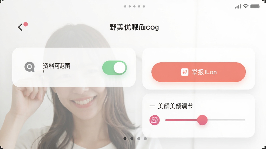 野美优聊视频聊天交友隐私设置页面,展示资料可见范围开关、举报按钮与美颜调节滑块,界面为浅色卡片式布局,图标简洁,风格清爽干净,画质高清无杂乱元素