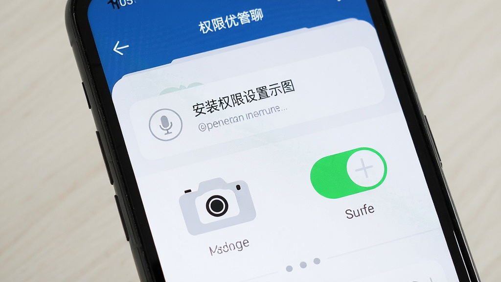 野美优聊视频聊天交友安装权限设置示意图,手机屏幕显示权限管理页面,相机与麦克风开关处于开启状态,界面简洁明了,风格写实,画质清晰干净