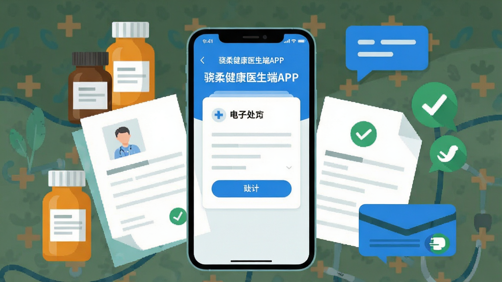 һ��ҽ������ı�ƽ�廭����������Ϊһ���ֻ�����Ļ����ʾ�����ὡ��ҽ����APP���ĵ��Ӵ������߽��棬��Χ������ҩƿ�������㡢�Ի�������֧���ɹ�ͼ�꣬����Ϊ���й�ͼ�����Ϊ����ҽ�Ʋ廭��ϸ�ڰ�����ɫ��ť����ɫ��Ƭ����ɫ�Թ������������ɾ����޶���Ԫ��
