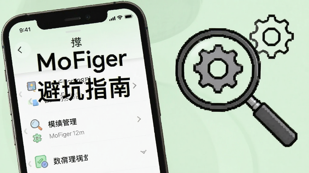 画面展示一部手机屏幕显示模组管理列表,旁边放置一个放大镜与齿轮图标,背景为浅绿色,风格清新浅色,细节清晰,画质干净,图片中手机屏幕文字为“MoFiger 避坑指南”