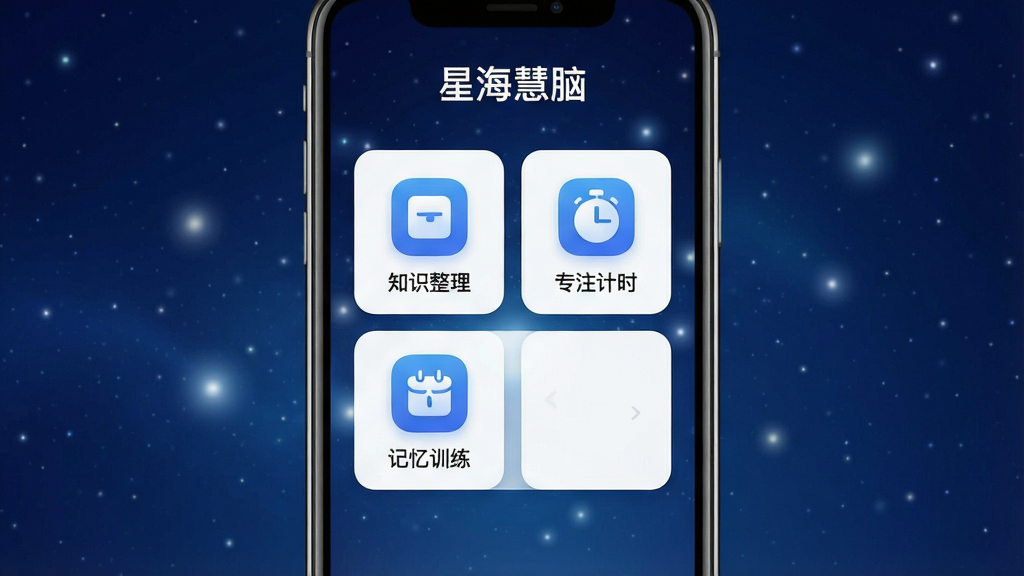 一张展示「星海慧脑」应用主界面的手机样机图,画面中央是简洁的卡片式功能面板,包含知识整理、专注计时、记忆训练三个模块图标,背景为深蓝渐变星空与柔和光点,布局居中对齐、留白充足,风格现代科技感,细节上突出图标圆角与文字标签「星海慧脑」,画质清晰干净、无多余元素